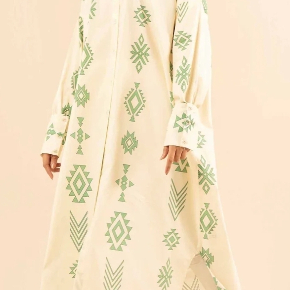 Elegant Geometric Long Sleeve Dress in Cream and Green